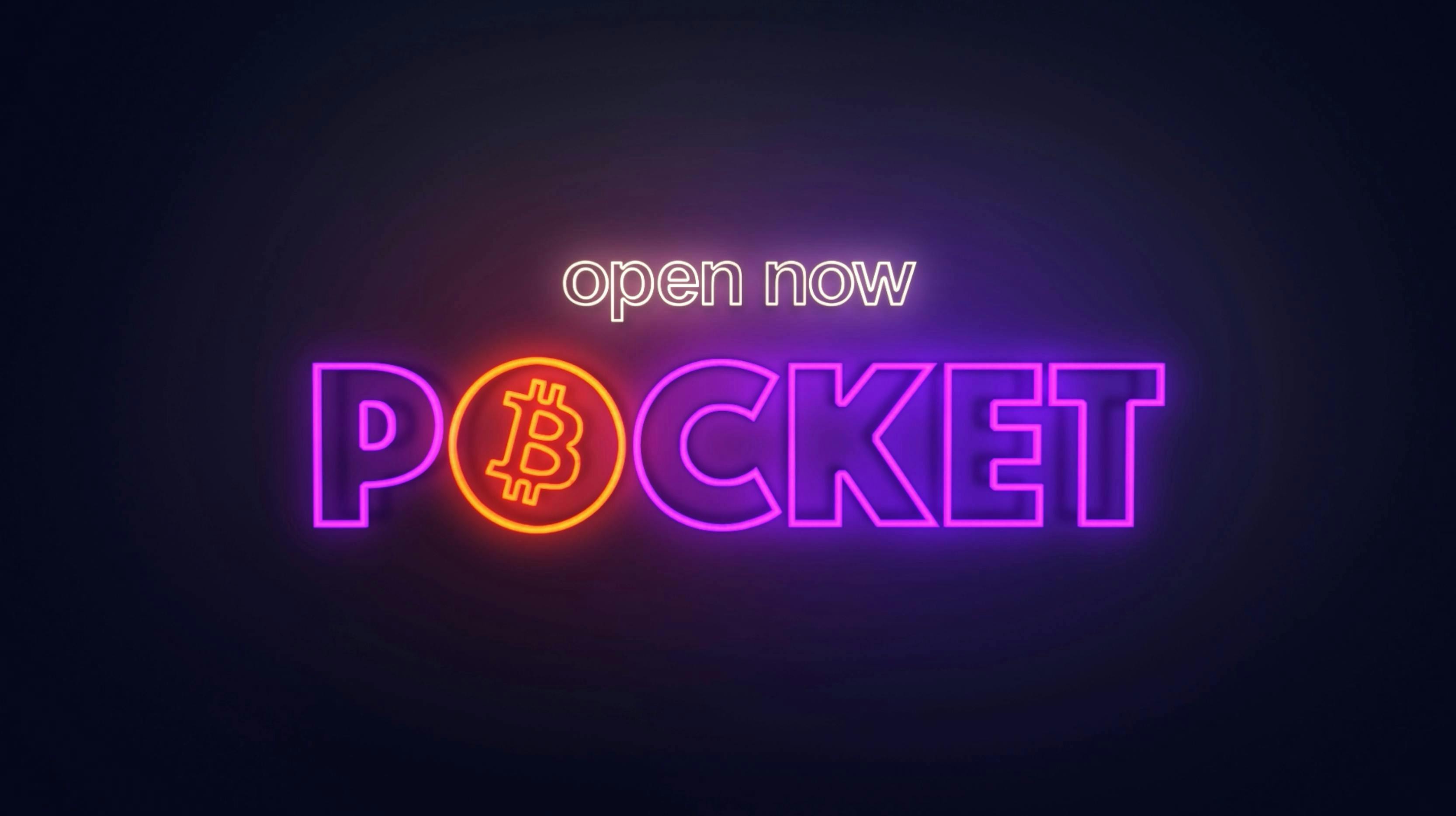 Leuchtschrift mit "Open Now" über dem Pocket Bitcoin Logo