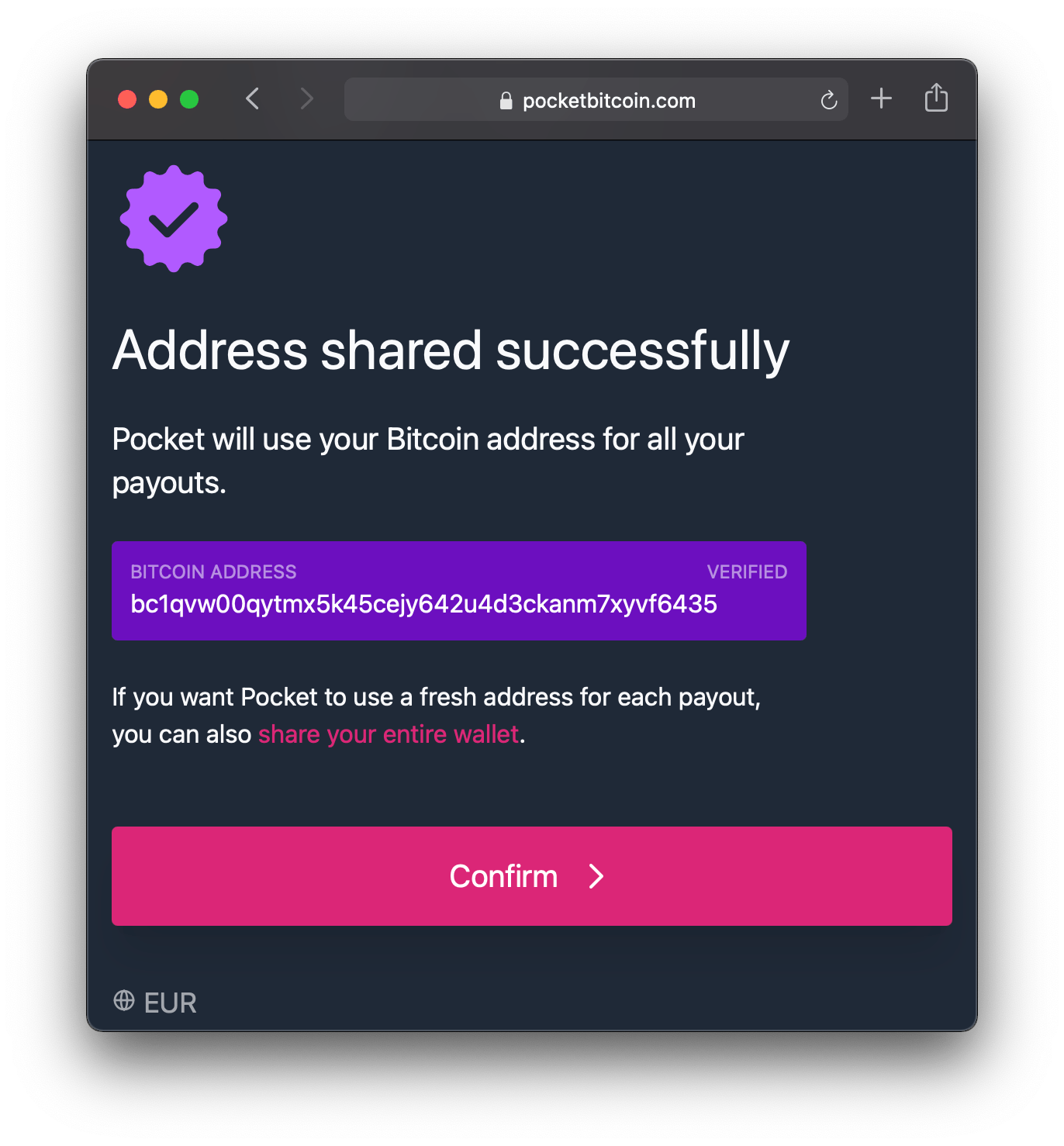 Screenshot of a single shared Bitcoin address on Pocket