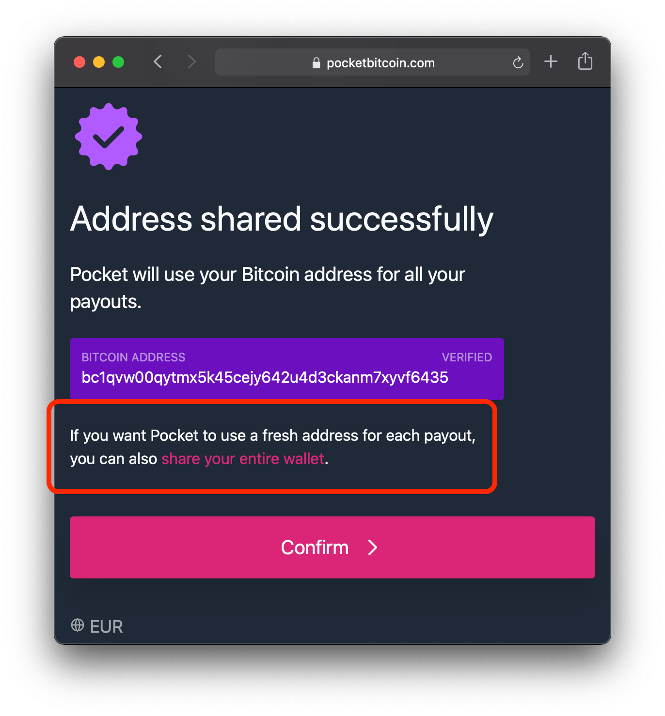 Screenshot of the option to share entire wallet on Pocket